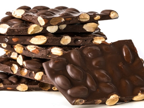 A stack of extra dark chocolate Almond Bark